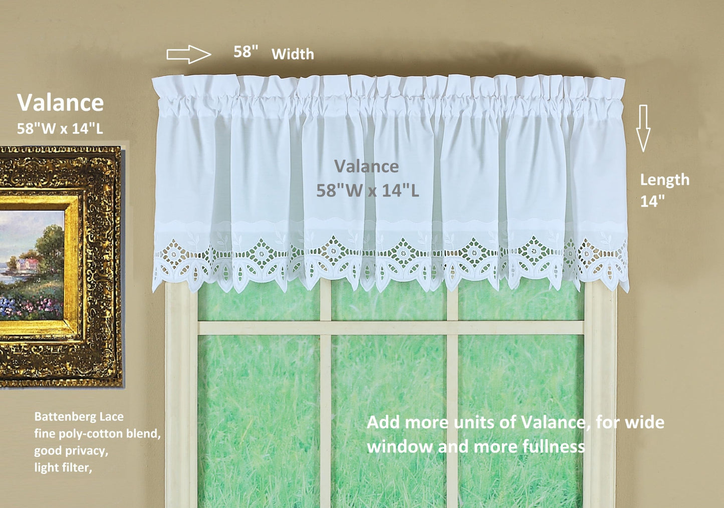 Today's Curtain, Heirloom Battenberg Eyelet Valance 14", White, 58" W x 14" L