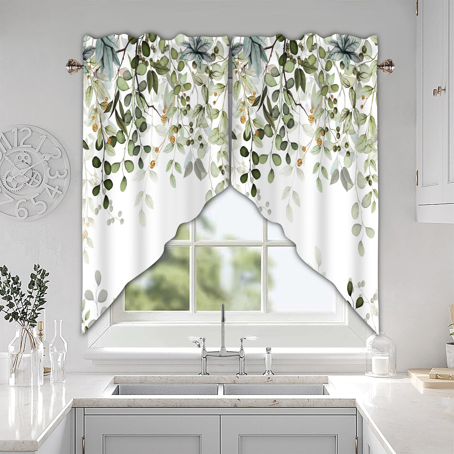 AYTTBIS Sage Green Eucalyptus Swag Curtain Valance for Windows,Watercolor Leaves Window Treatments Short Swag Topper for Kitchen Windows Bathroom Bedroom,28 x 36 Inch