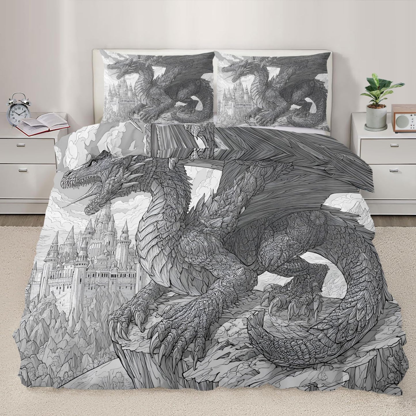 Dragon Duvet Cover Set Twin Size for Teen Boys Adult, Black and White Line Art Dragon Bedding Sets 3 Pieces Bedroom Decorative Bedspread for Men, Fantasy Art Animal Duvet Cover with 2 Pillowcases
