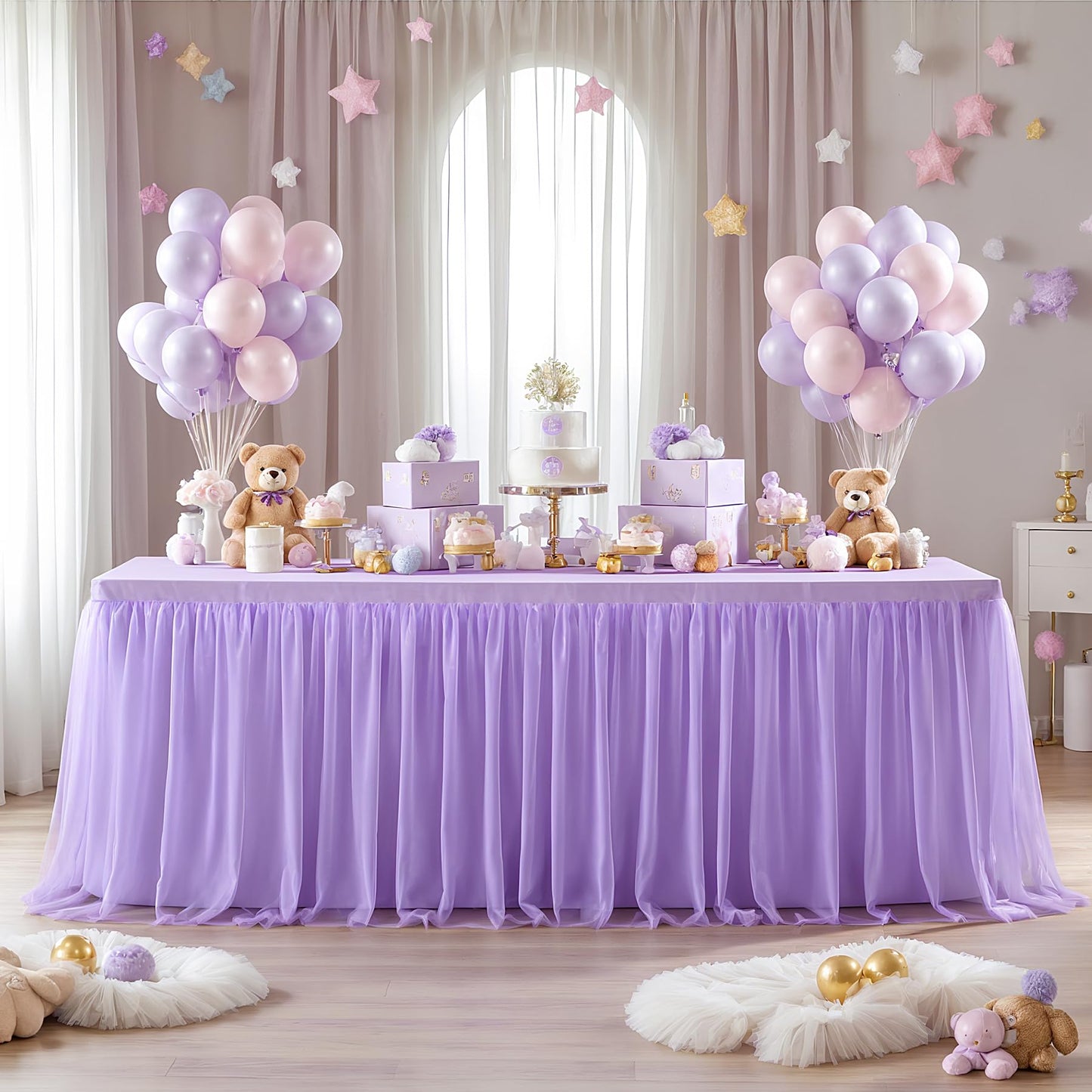 Suppromo 4 Pack 6ft Lavender Tulle Tablecloths for Rectangle Tables, 6 Foot Rectangular Table Cloth Wrinkle Free Table Cover with Tutu Skirt for Wedding Baby Shower Birthday Party Banquet Buffet Cake