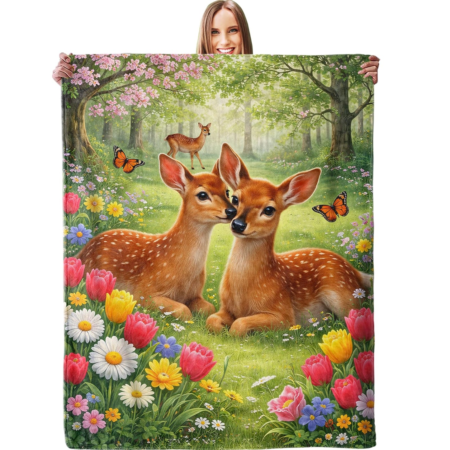 dhakalrlde Cute Deer Blanket, Soft Cartoon Fawn Flower Meadow Throw Adorable Animal Blanket Gifts for Women Kids Girls, Lightweight Warm Cozy 60×50 inch Flannel for Couch, Travel, Bed, Decor