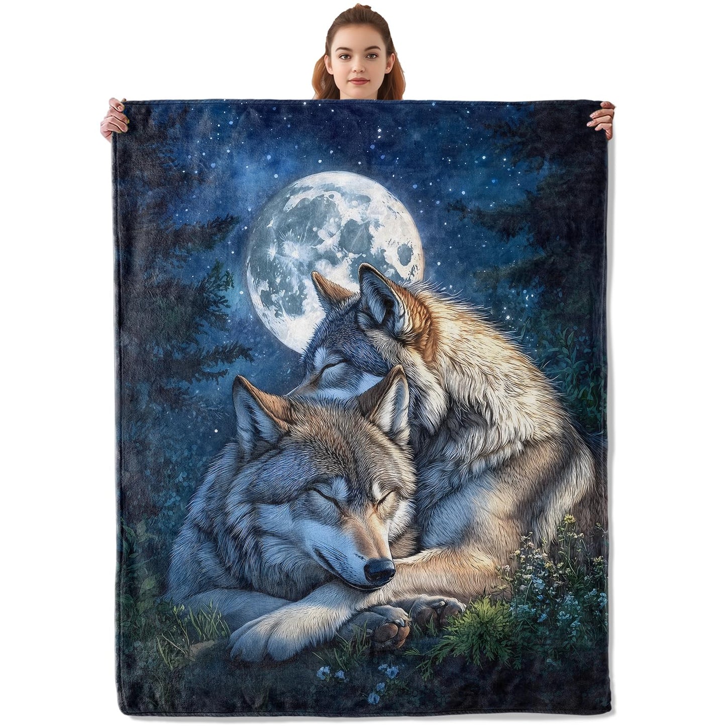 Kibue Sleeping Wolf Blanket - Soft & Cozy Warm Flannel Throw, Full Moon Design - Lightweight Plush Blankets for Travel, Sofa, Bedroom, Office - Gifts for Women Adults Kids - for All Seasons 60"×50"
