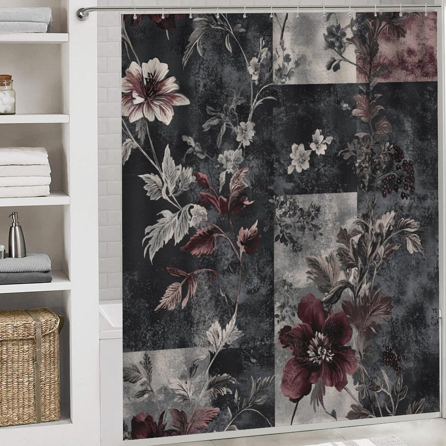 DIPQIMI 4Pcs Luxury Floral Botanical Shower Curtain Sets with Rugs, Toilet Lid Cover and Bath Mat, Classic Patchwork Pattern Bathroom Shower Curtains Set with 12 Hooks