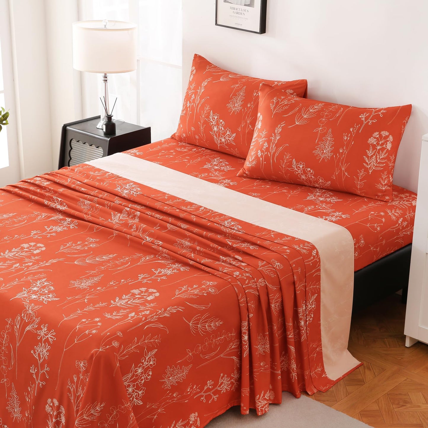 Yibeizi Queen Sheet Set Deep Pocket Queen Size Orange Floral Bed Sheets Set, Boho Printed Soft Microfiber Oeko-Tex Sheets & Pillowcases Hypoallergenic Wrinkle Free Bedsheets
