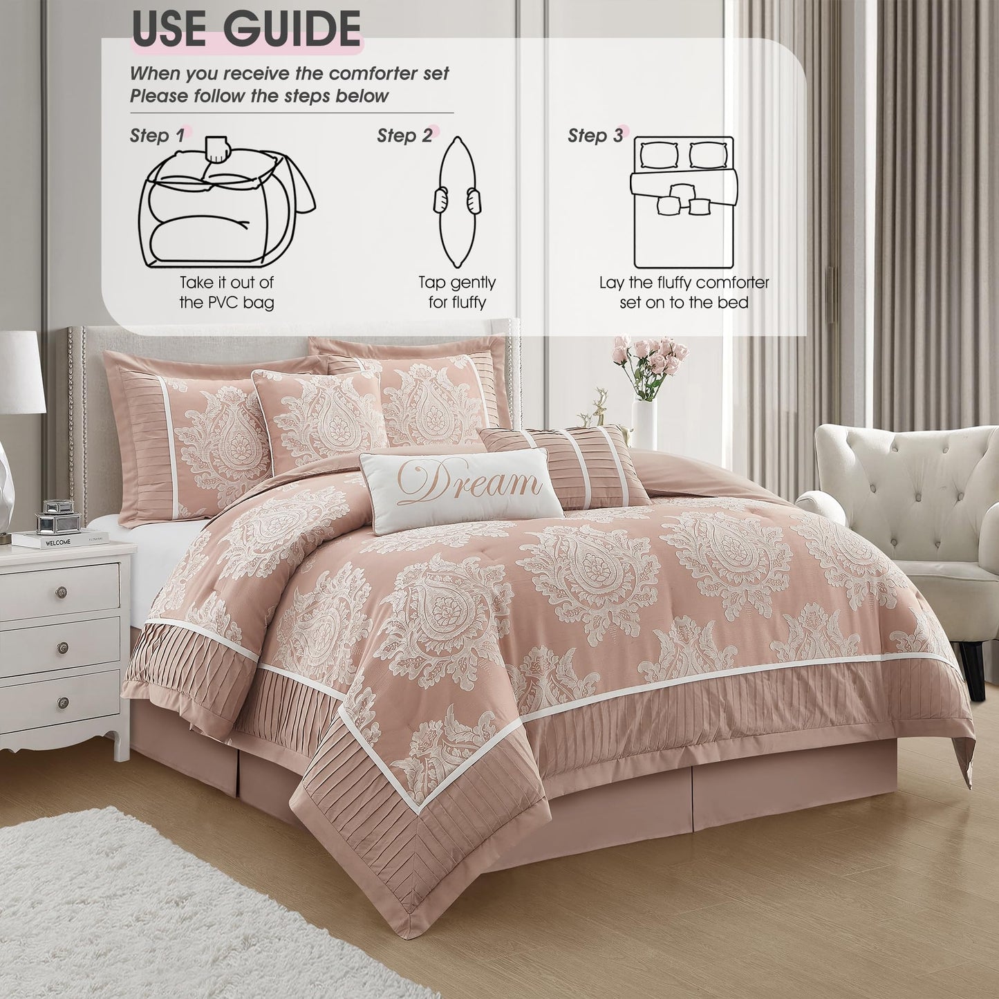LANCO MODERN LIFESTYLE Blush Queen Comforter Set 7 Pieces, Jacquard Woven with Damask, Bedding Set in a Bag Includes Comforter, Bed Skirt, Pillow Shams, and Decorative Pillows