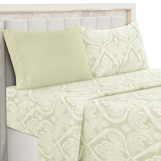 Ultra Soft Wrinkle-Free Microfiber Paisley Twin XL Sheet Set, Cute Floral Pattern Boho Print – 16" Deep Pocket Fitted Sheet, Flat Sheet & 2 Pillowcases, Breathable, OEKO-TEX - Ivory