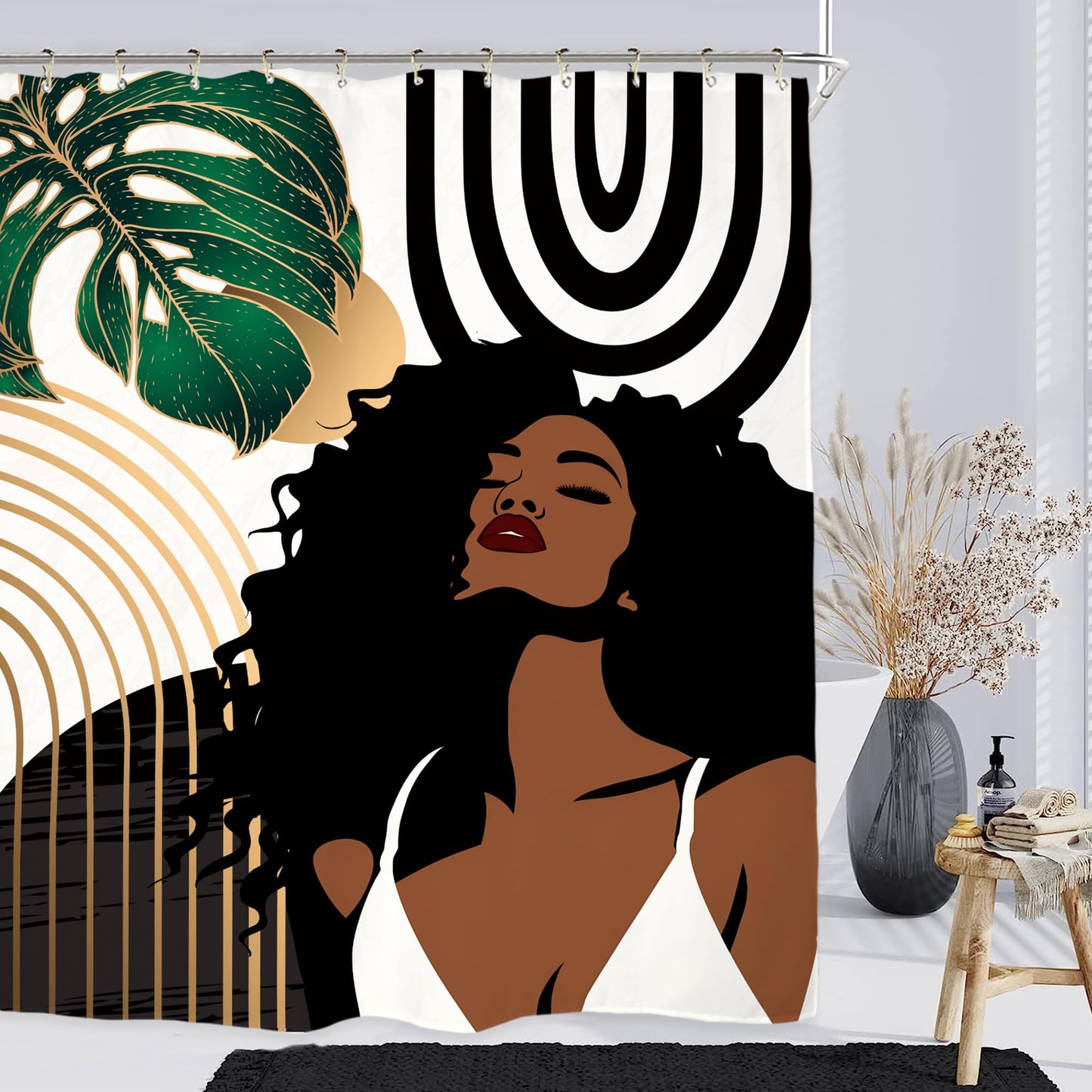 Miyotaa Abstract Emerald Green Shower Curtain Set 60Wx71H Inches African American Black Woman Girl Sexy Minimalist Aesthetic Modern Waterproof Bathroom Curtain with 12 Hooks