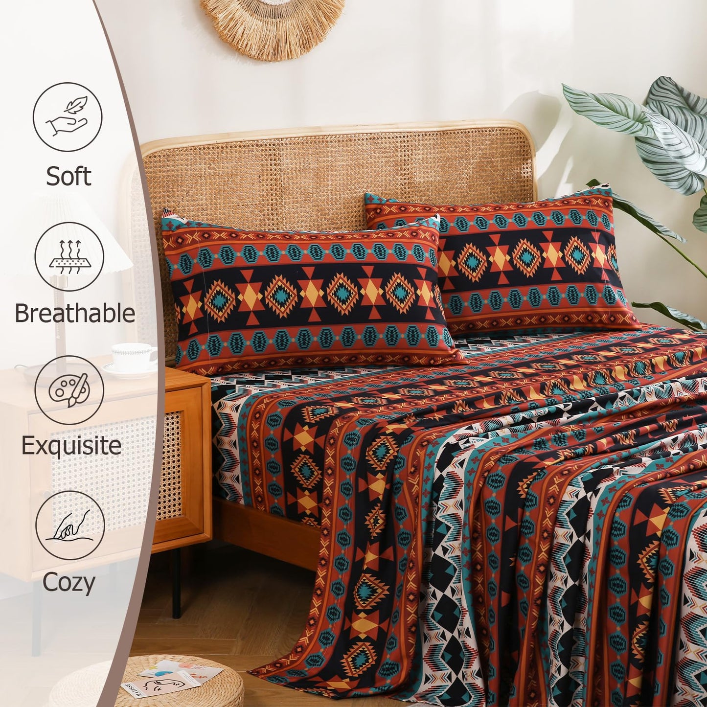 CozySmile Boho Printed Sheet Set Queen Size 4 Piece Soft & Breathable Bedding Deep Pocket 16" Cooling Wrinkle Free Comforter Bed Set Geometric Pattern Sheets (King, Multicolor Tribal