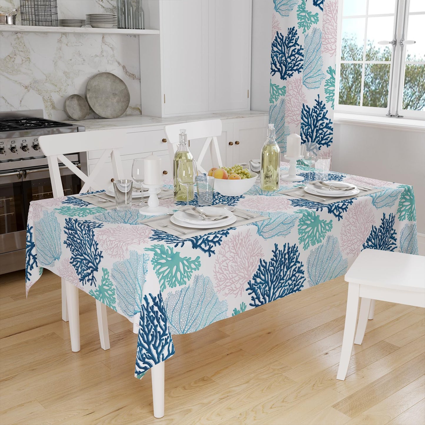 Ocean Tablecloth Coastal Nautical Rectangle Tablecloth Coral Print Ocean Themed Beach Decorative Waterproof Table Covers for Outdoor Dining Room Kitchen Living Room, 60x84 Inches, Navy/Blue/Teal/