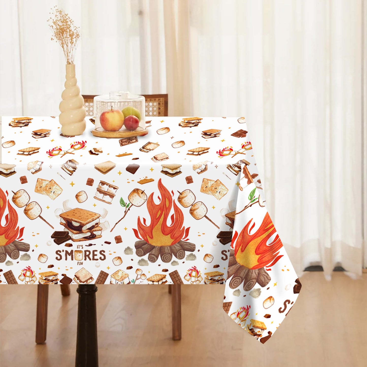 CC HOME 1Pc Camping Party Plastic Tablecloth 54 x 87 Inch Long Table Cover, Marshmallow Sandwich Party Tablecover for Bonfire Camp Theme Kids Baby Shower Birthday Dinner Picnic Kitchen Event
