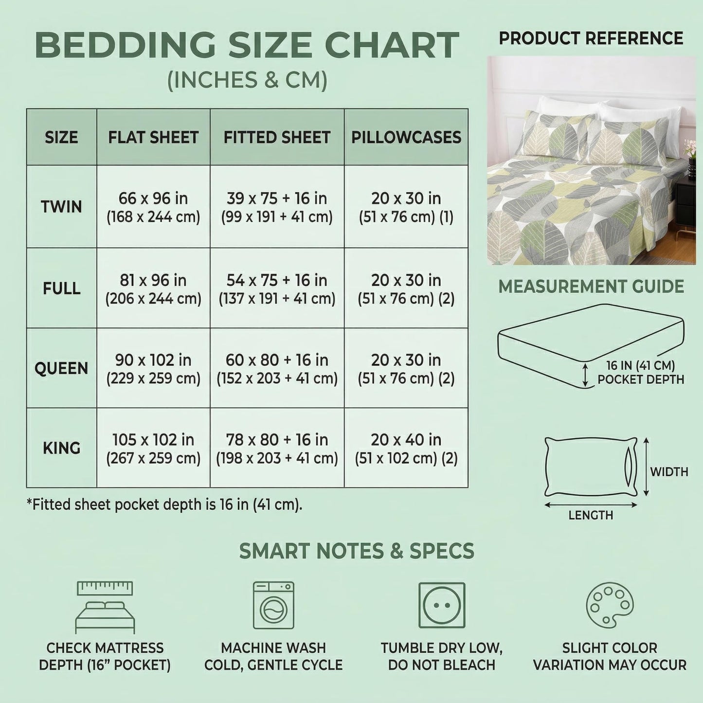 HCORA Leaf Print King Sheet Set, Ultra Soft Double Brushed Microfiber Bed Sheets, Deep Pocket, Breathable, Wrinkle Resistant, Easy Care, 4PC, King