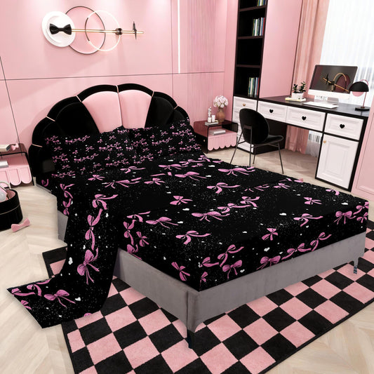 jejeloiu Pink Bow Bed Sheets Set Twin Size Bowknot Bed Set for Kids Boys Girls Butterfly Bowknot Deep Pocket Fitted Sheet Bow-tie Breathable Soft Lightweight Microfiber