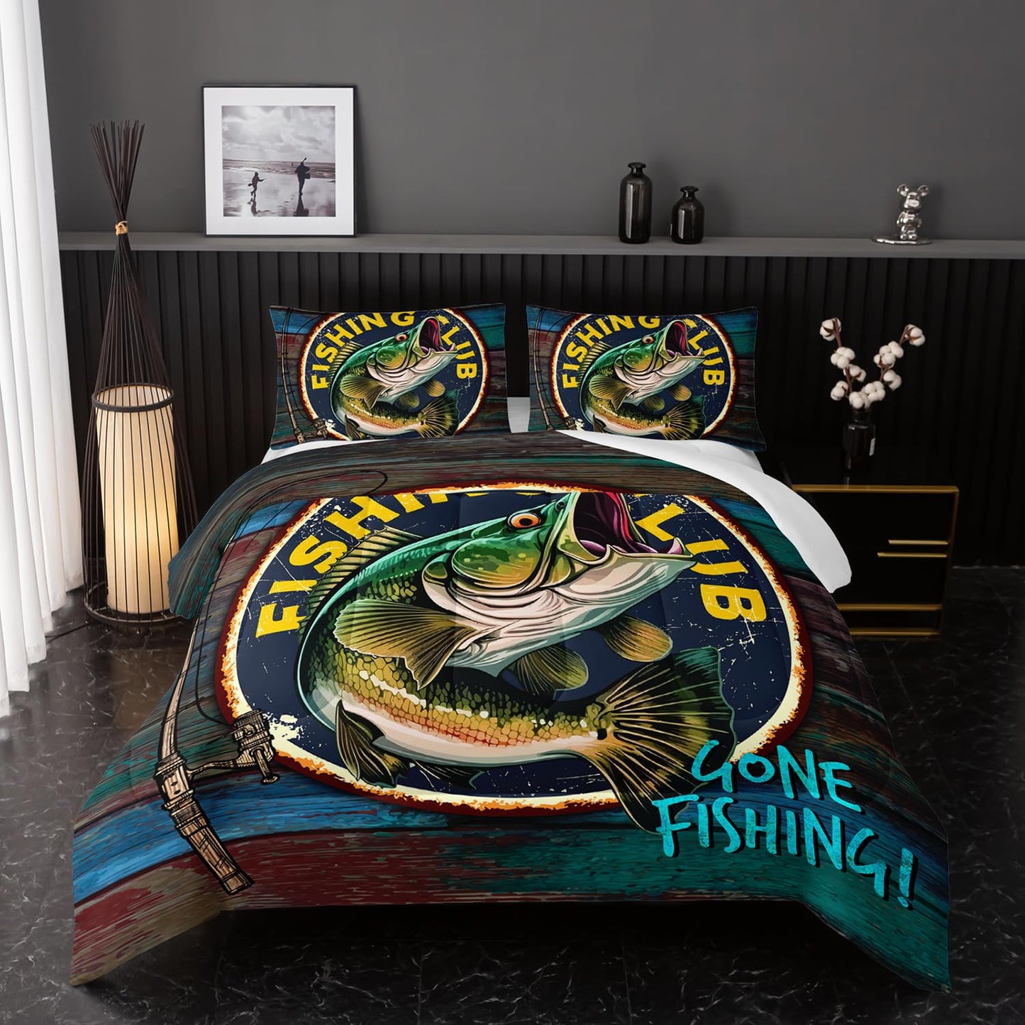 Nttopship Big Pike Fish Bedding, Bass Fishing Comforter Set Hunting and Fishing Themed Comforter Set for Kids Boys Room Decor, Twin Bed in a Bag for Teens with 2 Pillowcases