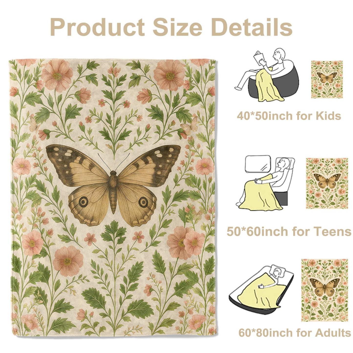 Elegant Butterfly and Floral Throw Blanket, Lightweight Warm Flannel Blankets, Home Decor and Gifts, Soft Cozy Throws for Women Girls Kids, 50"X60" for Bed Couch Travel Office