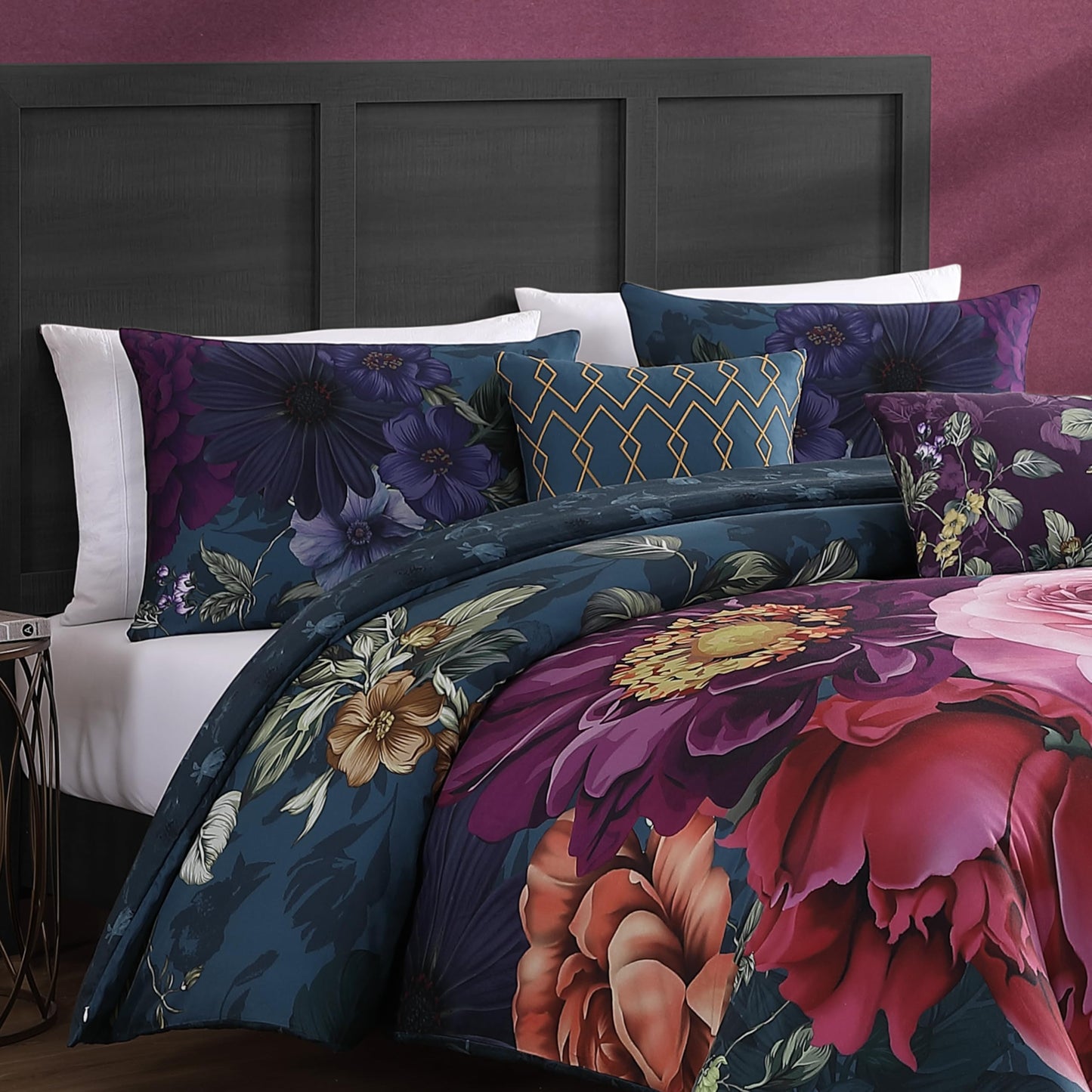 Bebejan Vibrant Flora 5 Piece Comforter Set, 100% Cotton Sateen, 220 Thread Count, Reversible Bedding Comforter Set, 1 Comforter, 2 Shams & 2 Pillows (King/Cal King)