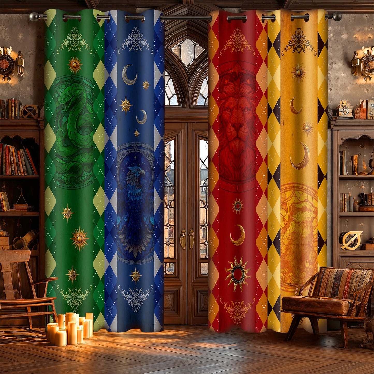 HIYSMT Enchanted Academy Blackout Curtains,Mythical Animal Emblem School House Privacy Drapes,4284inch Magic Flag Window Treatments for Bedroom Living Room,2Panel HILC04