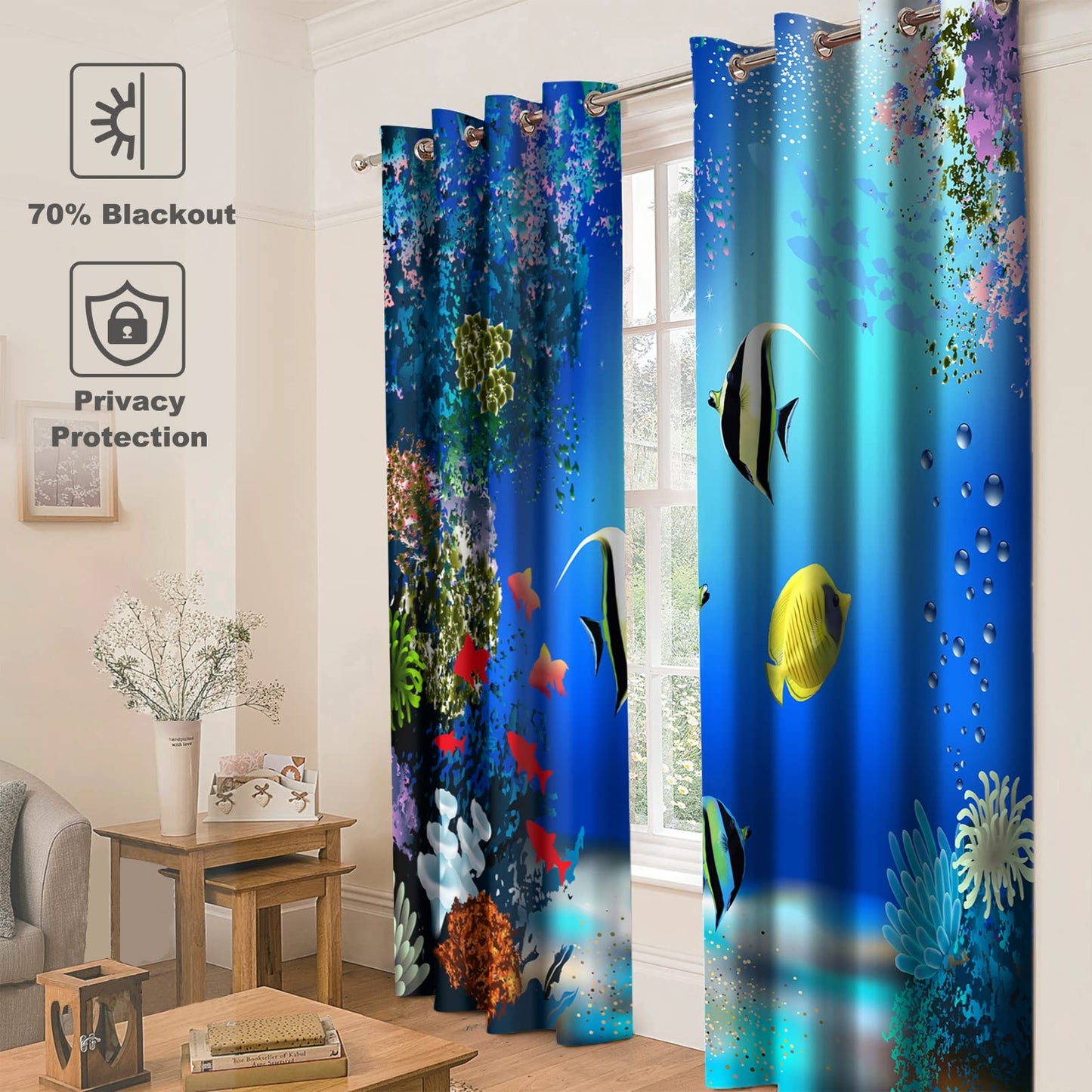 Jekeno Ocean Fish Blackout Curtains Underwater Coral Fish Decor Home Bedroom Living Room Darkening Grommet Window Drapes 2 Panel Set, 52"x84"