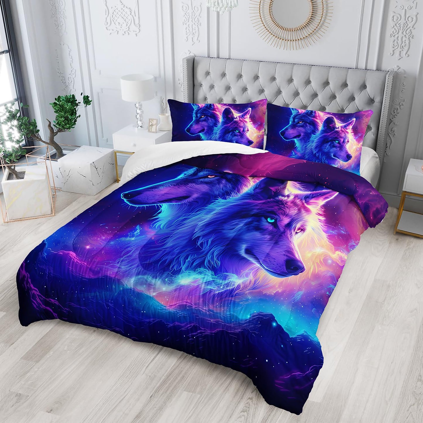 AILONEN Wolf Bedding Set Twin Comforter Set for Boys,Purple Galaxy Wolf Comforter Set for Kids Teen,Safari Wolf Bed in a Bag 3 Pieces,Starry Wolves Comforter with 2 Pillowcases