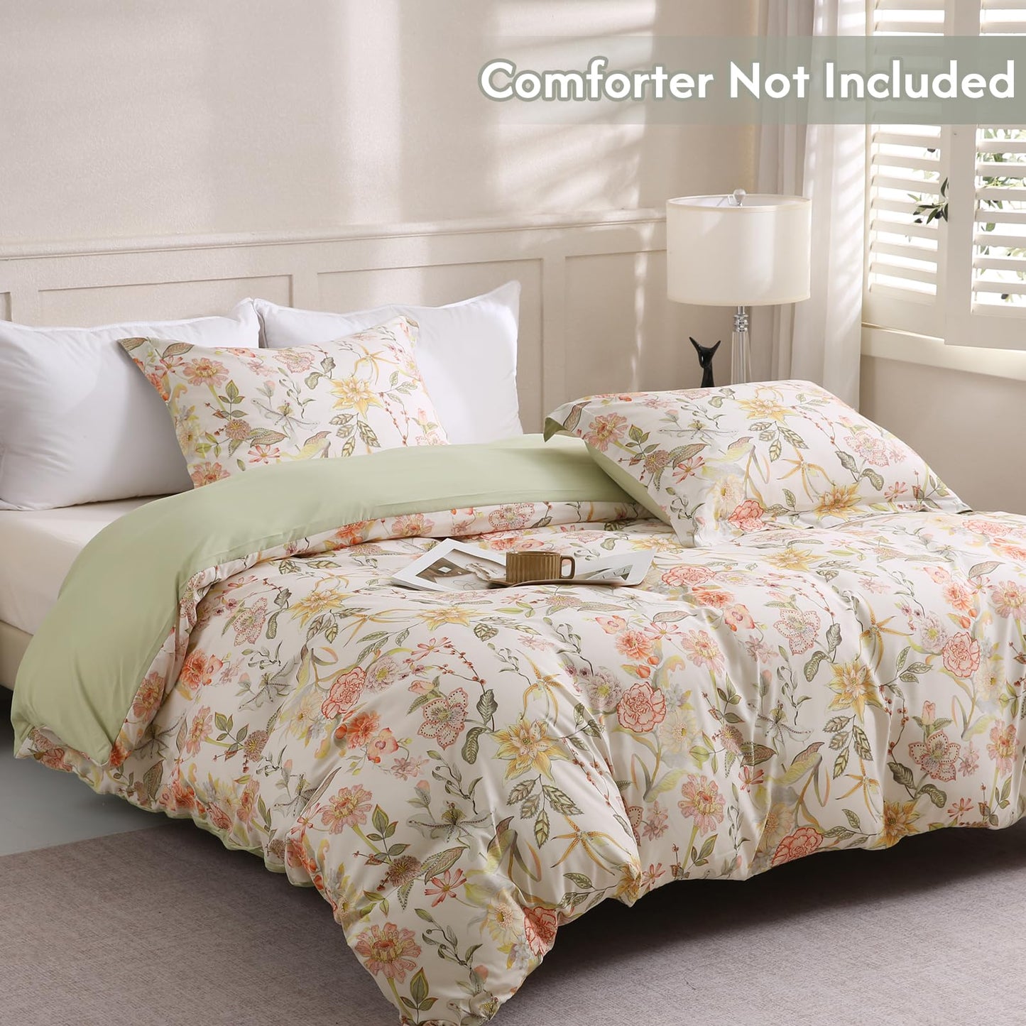LONAVA Queen Floral 3 Pcs Duvet Cover Set, Breathable Soft Microfiber Glass Green Lining Comforter Cover with Zipper Closure, and 2 Anti-Pilling, Fade Resistant Pillowcases, Fall Floral