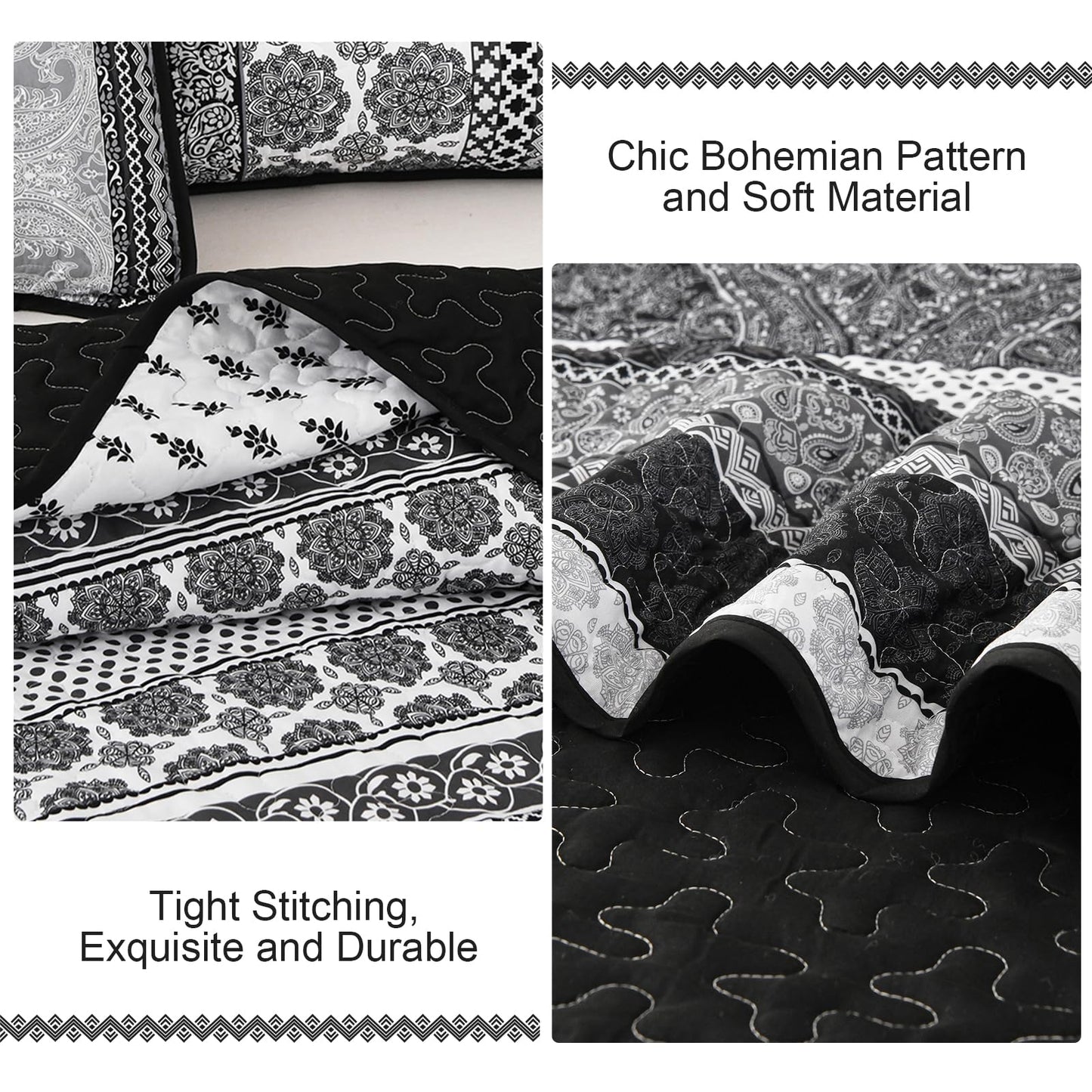WONGS BEDDING Boho Quilt Set King Size, Grey Bohemian 3 Pieces Quilt Sets, Lightweight Bedspread Coverlet Bedding Set for All Season (104"x90")