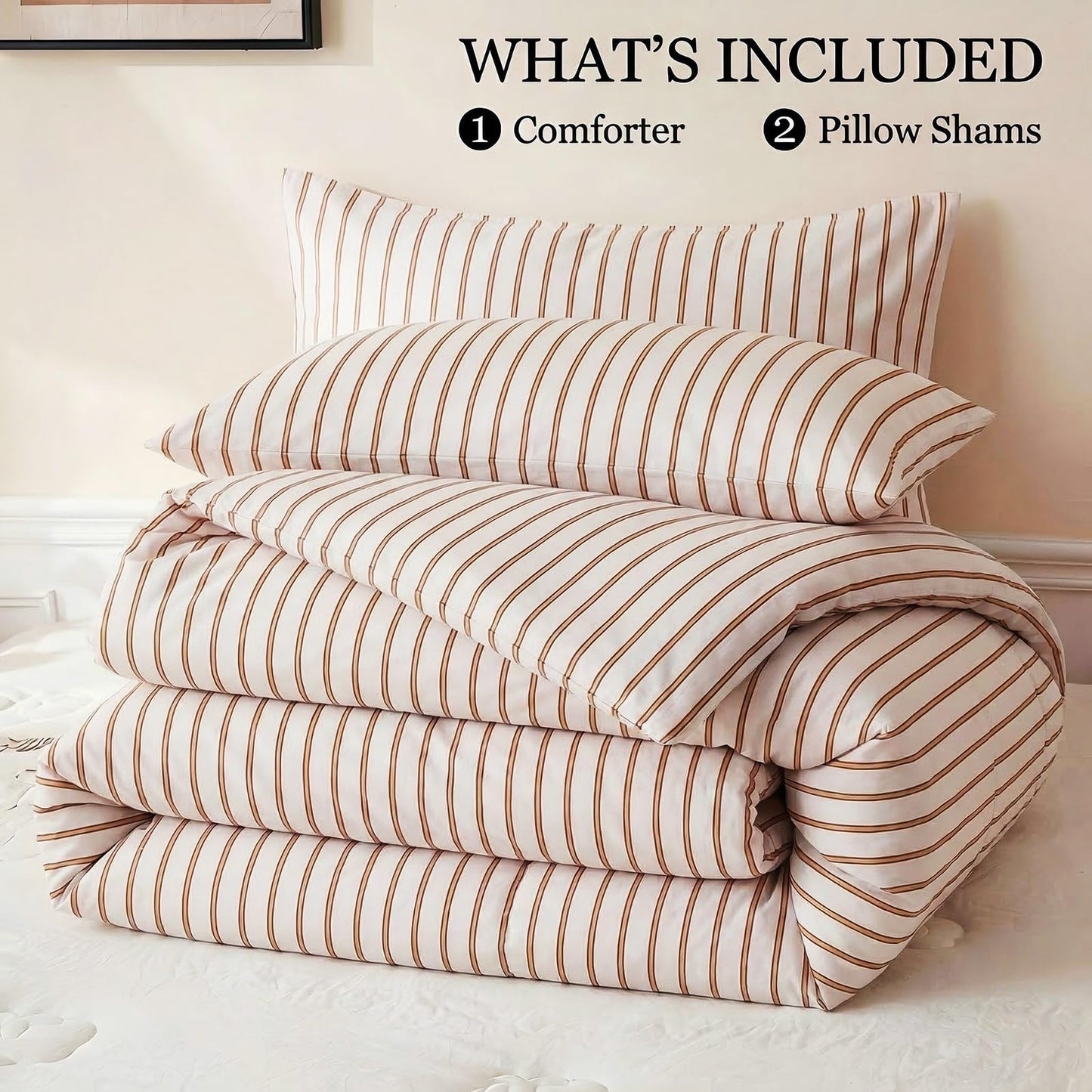 Merryword 100% Cotton Comforter Set King Size - Beige and Terracotta Striped Comforter with 2 Pillowcases, Luxury & Silky Soft Comforter Set for All Seasons