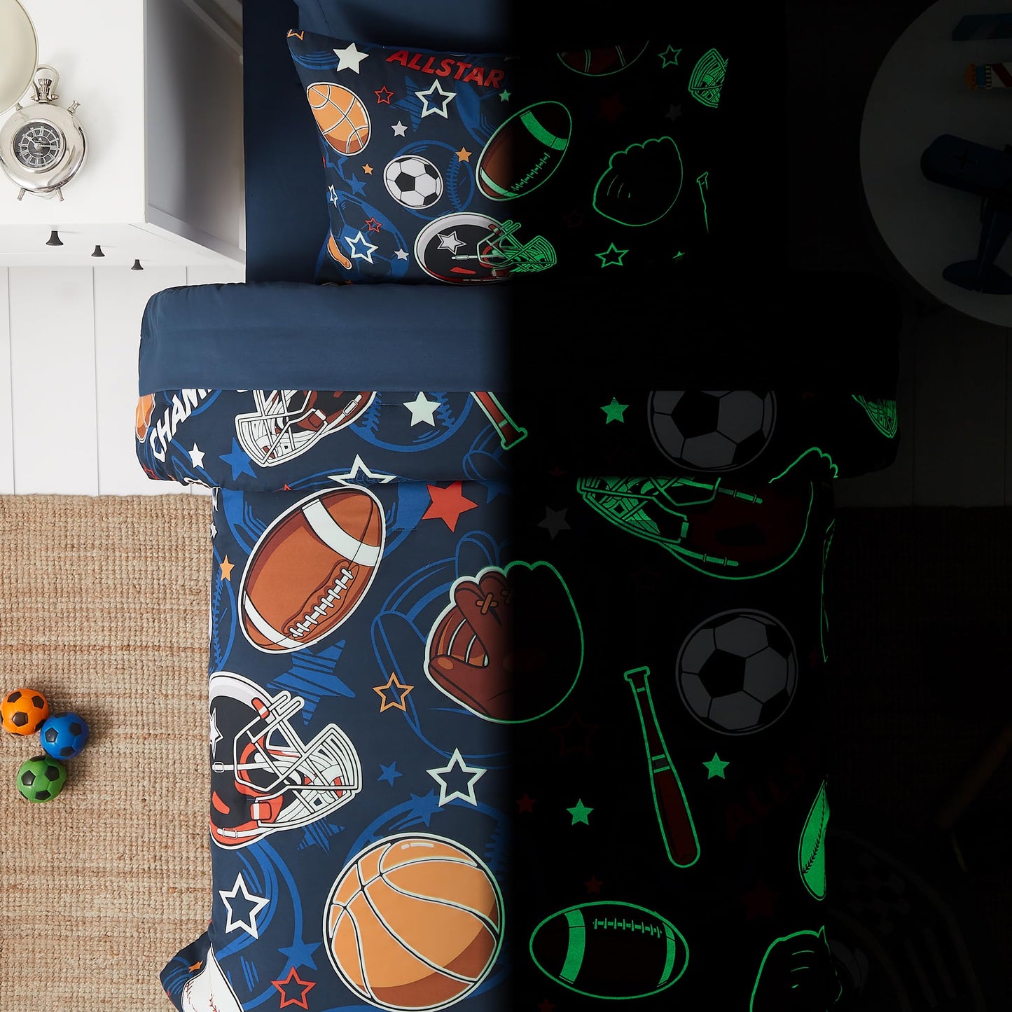 Kaleido Space Twin Kids Comforter Set - 5 Pieces Twin Bedding Sets for Boys Teen, Glow in The Dark Sports Ball Games Bed in A Bag with Sheets