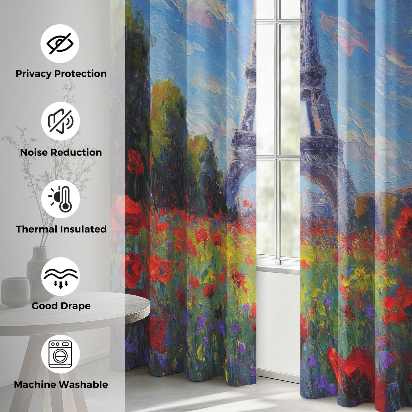 95% Blackout Eiffel Tower Curtains - Paris Wildflower Curtains for Bedroom Living Room Decor, Oil Painting Home Decor, Thermal Grommet Black Out Drapes 108 Inches Long 2 Panel Set X64