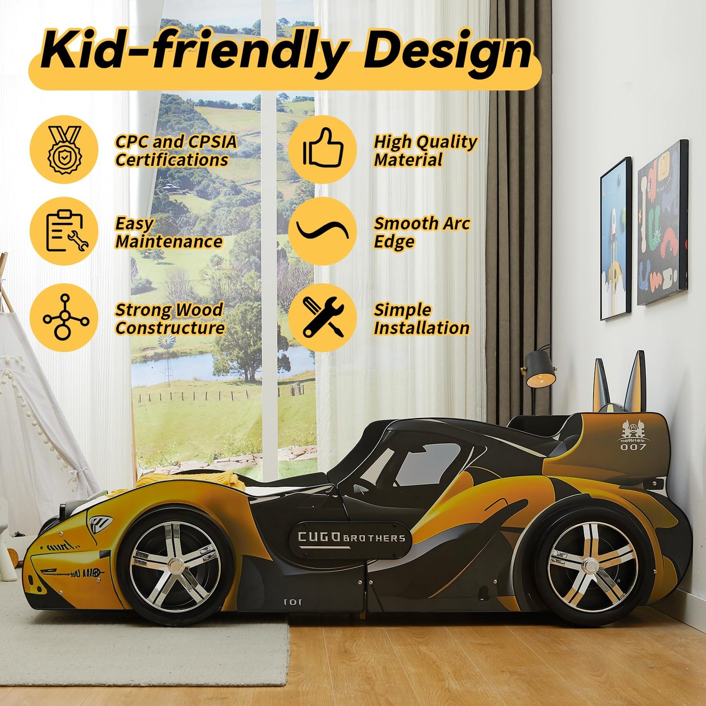 LKTART Twin Size Car Bed for Kids, Cartoon Dog Race Car-Shaped Wooden Platform Bed Frame with Headboard Wheels, LED Lights and Support Slats for Boys Toddlers Child