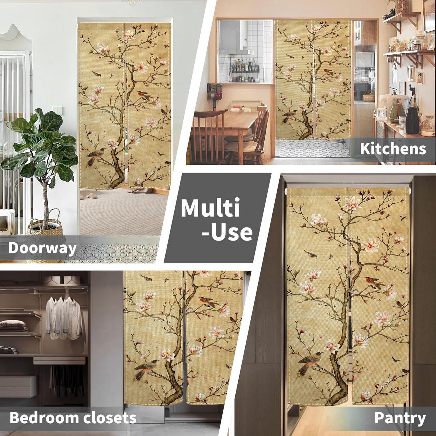 Leowefowa Long Japanese Noren Doorway Curtain Window Treatment Chinese Traditional Printing Door Curtain Tapestry Panel for Room Privacy Divider Home Kitchen Decor (Brown, Blossom), 33.5"x 70.9"