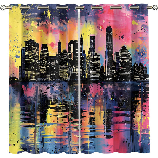 XAFIAUR Urban Architecture Blackout Curtains, Skyline Landscape Printed Drapes, Color Splatter Thermal Insulated Drapes 2 Panels Darkening Window Curtain for Bedroom Living Room 21" W x 63" L x2