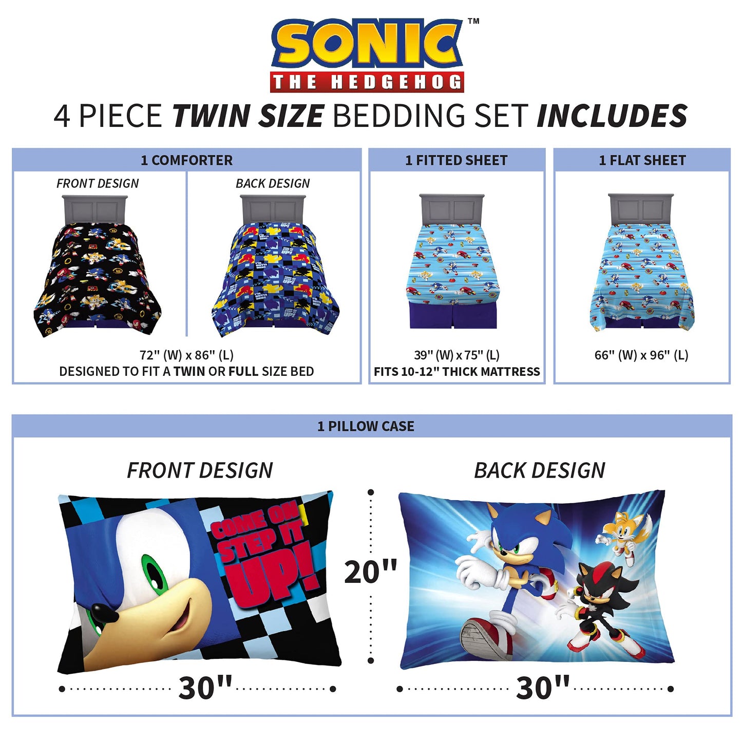 Sonic the Hedgehog Anime Kids Super Soft Comforter and Sheet Set, 4 Piece Twin Size by Franco