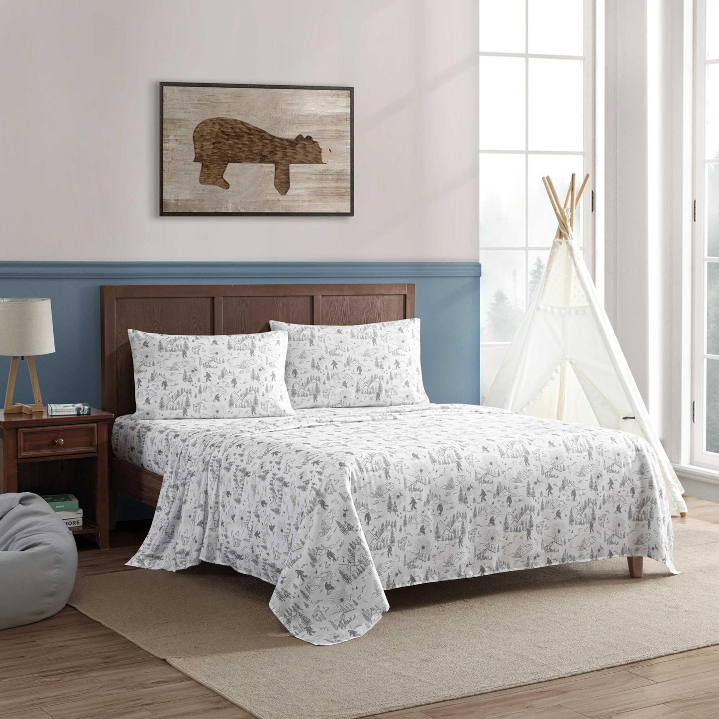 Eddie Bauer Kids - Full Sheet Set, Ultra-Soft Microfiber Bedding with Fully Elastic Fitted Sheet, Kids Bed Set with Pillowcases, Easy Care Bedding (Big Foot Hiking Trip)