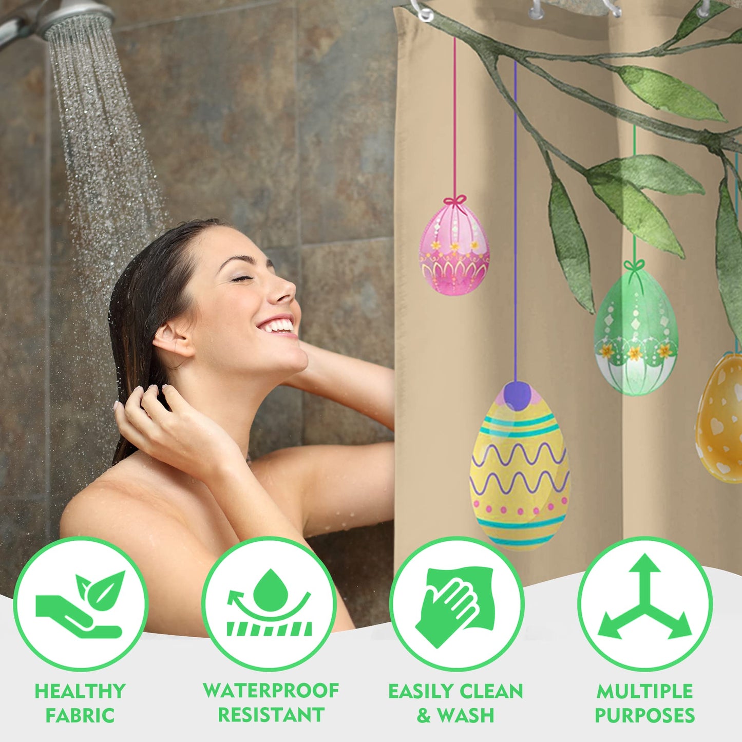 Roszwtit Happy Easter Shower Curtain, Easter Cat Bunny Shower Curtains for Bathroom, Spring Easter Eggs Home Decor Waterproof Fabric with Hooks 72x72 Inch