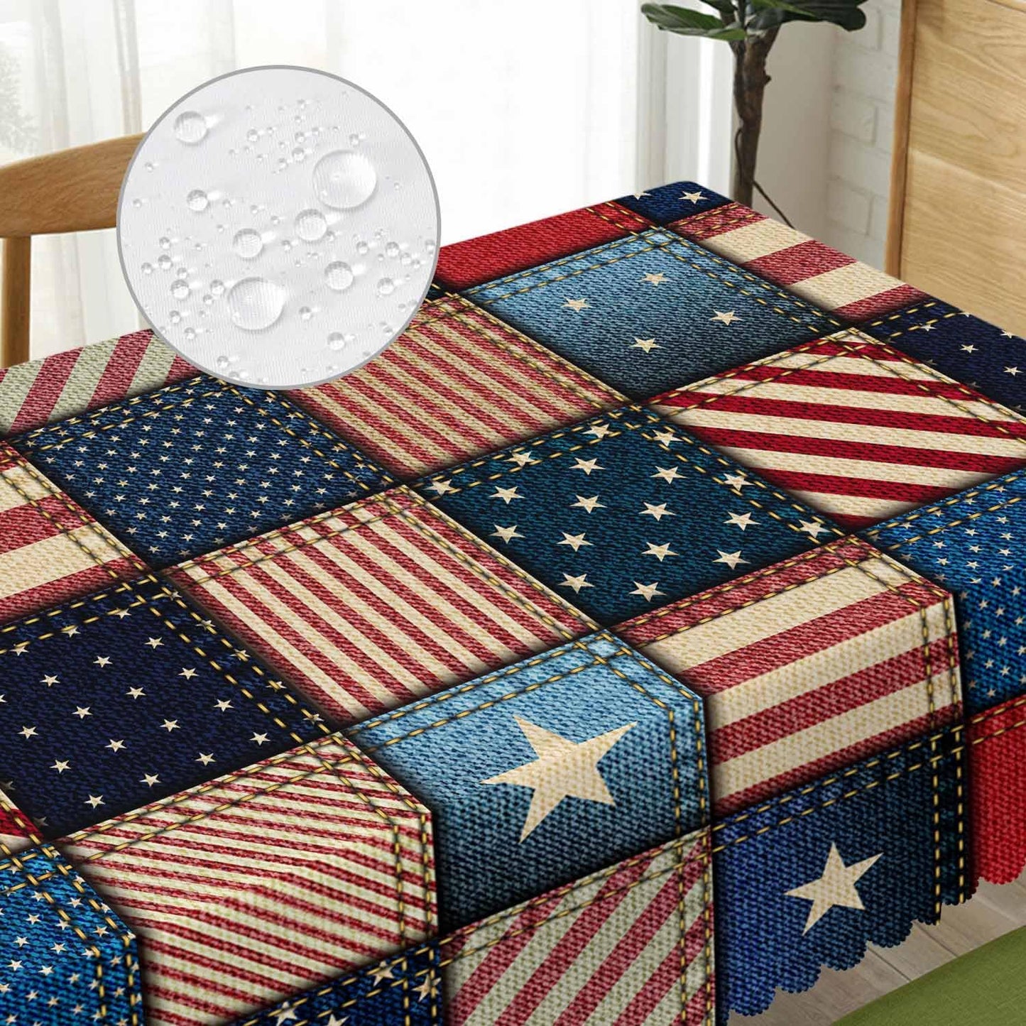 Beabes American Flag Tablecloth for Rectangle Tables Denim Patchwork of American Flag Picnic Table Cover Indoor and Outdoor Table Cloth Camping Tablecloths for Dinner Kitchen 52"X70"