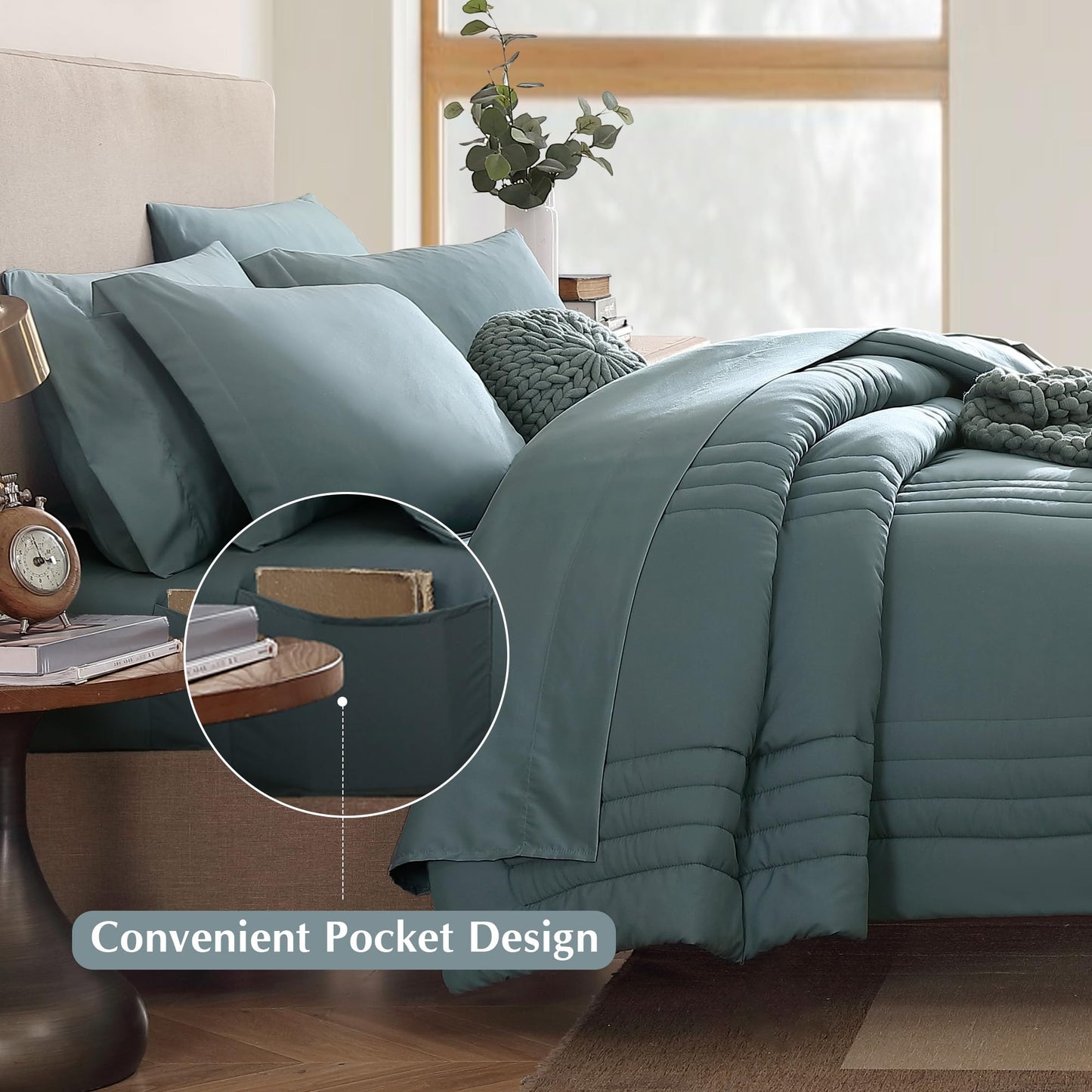 Monbix Queen Comforter Set - 7 Pieces Blue Green Bed in a Bag Queen Bedding Sets with Comforters, All Seasons Comforter Bed Set with Sheets,Pillowcases & Shams