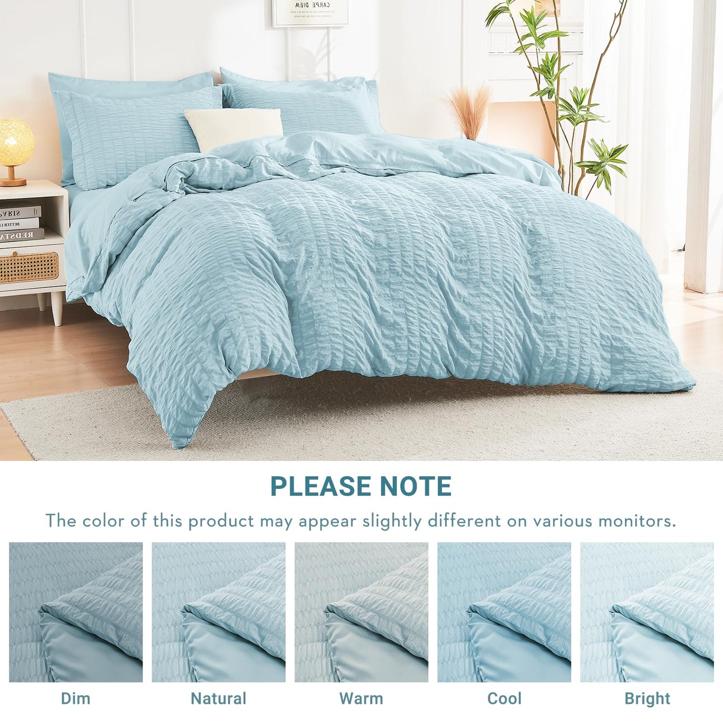 HYMOKEGE Lake Blue Oversized Queen Comforter Set Seersucker 7 Pieces, All Season Luxury Bed in a Bag for Bedroom, Bedding Set with Comforter, Sheets, Pillowcases & Shams