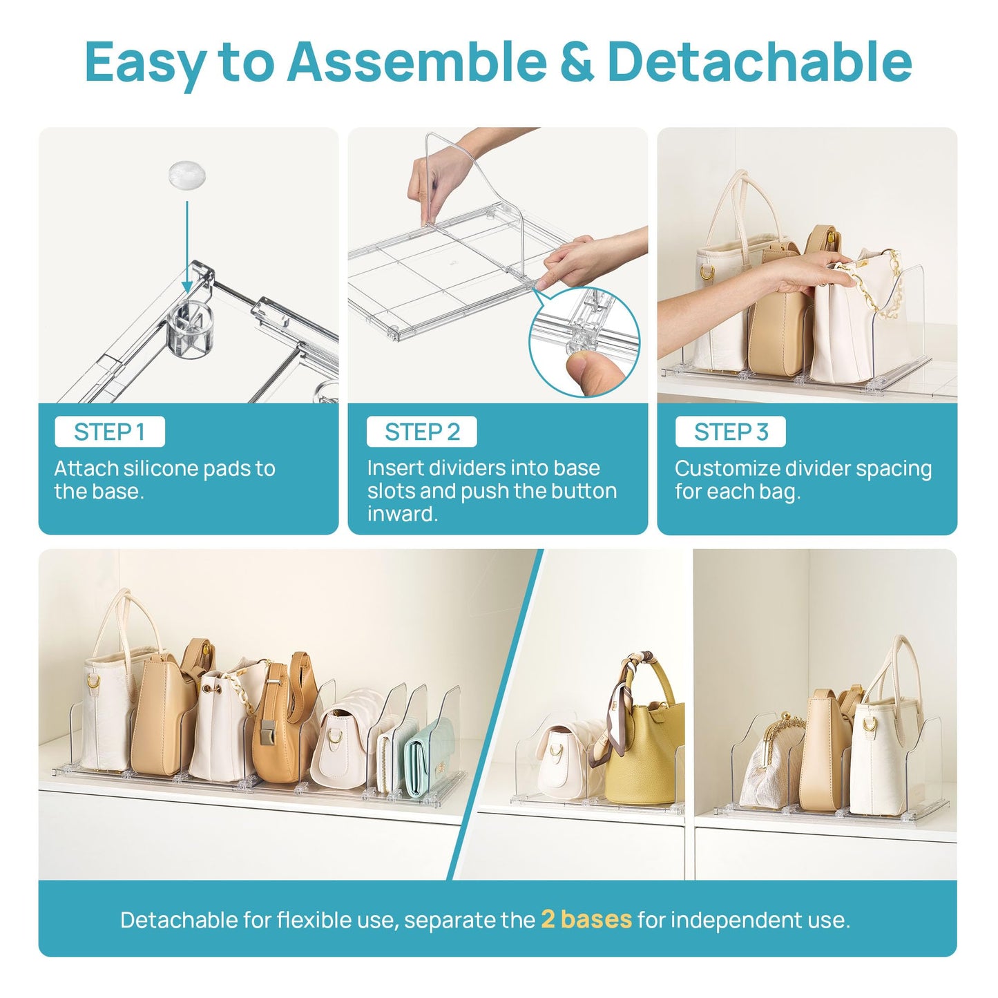 Vtopmart Free-Adjustable Purse Organizer for Closet with 2 Base, Clear Handbags Storage Organizer, Fits Different Bag Sizes & Closet Shelf, Expandable Plastic Shelf Dividers for Handbags, Wallets