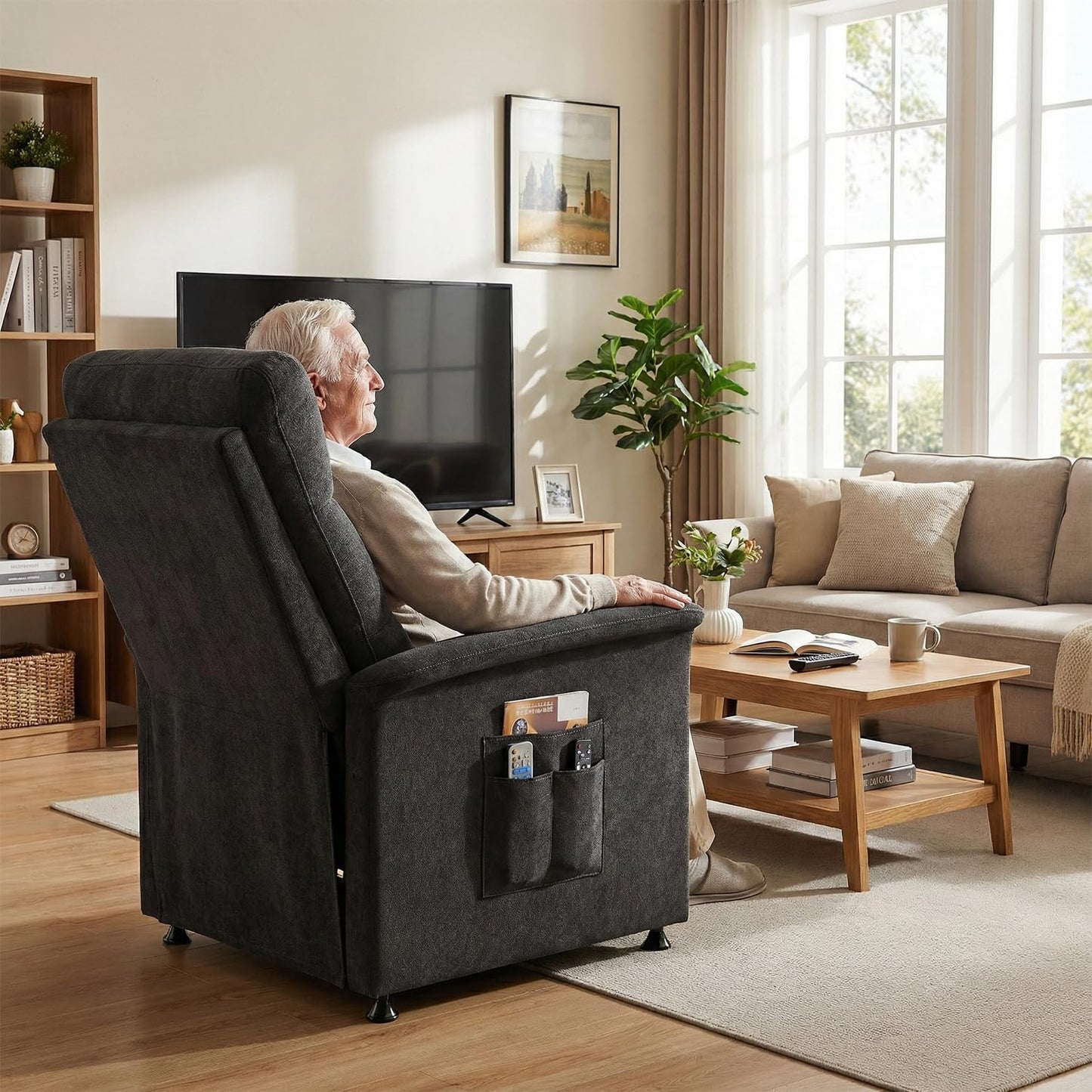 LegacyAmerhome Power Recliner Chair for Adults with Heat & Massage - Soft Fabric Electric Reclining Sofa with Remote Control, 3 Side Pockets, 180° Lay Sleeper for Home Theater Living Room, Black