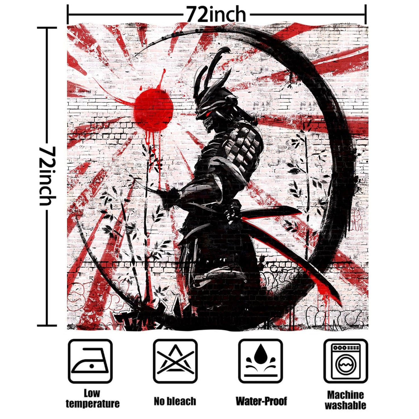 iTapnoom Japanese Samurai Shower Curtain, Asian Japan Cool Anime Red and Black Men Shower Curtains Set Sun Moon Art Fabric for Bathroom Decor Bath Accessories with Hooks 72X72 inch