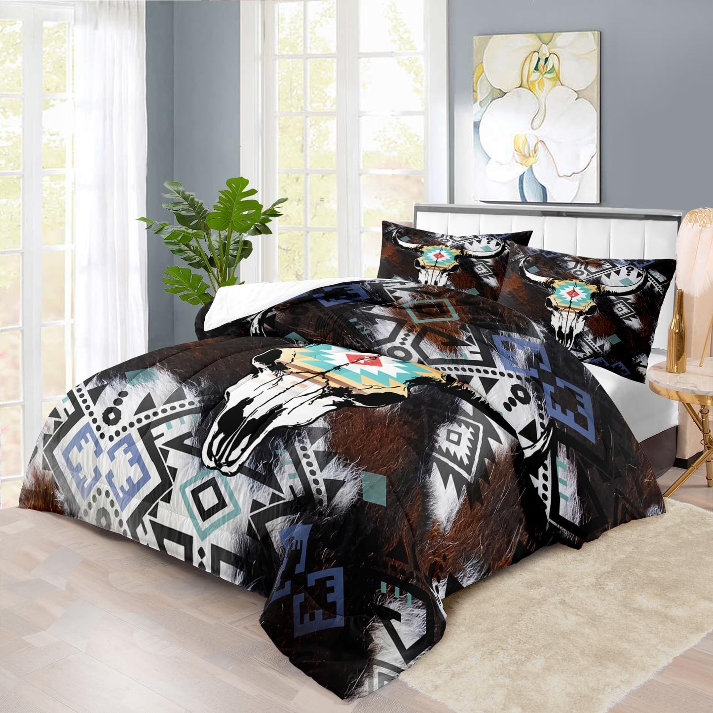 llyxsesty Western Comforter Set Queen,Shabby Chic Bedding Sets Queen,Boho Comforter Farmhouse Bedroom Decor,Cow Skull Western Quilt Cowboy Party Decorations,Cowboy Farmhouse Quilt for Boy