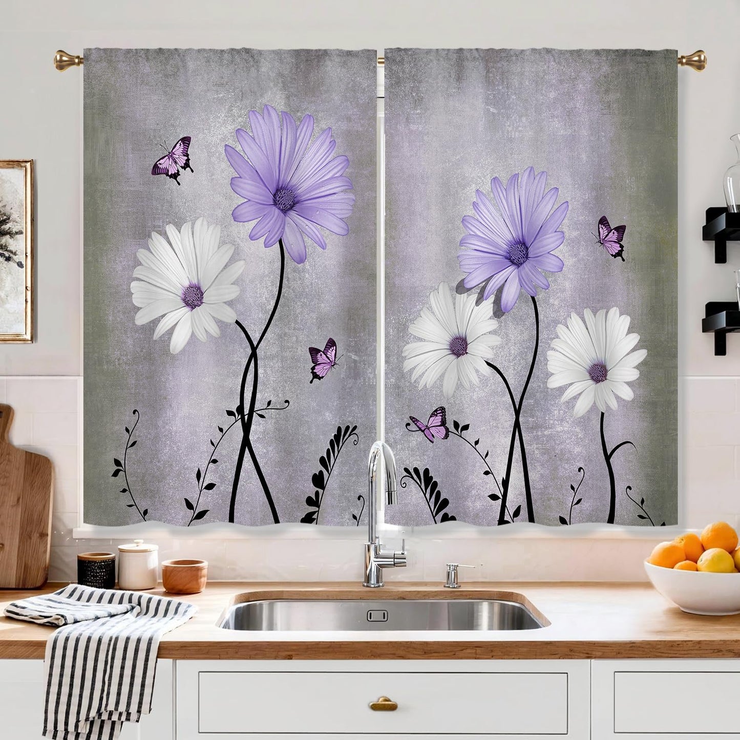 Cizuug Purple Daisy Rustic Farmhouse Kitchen Curtains Watercolor Floral Flower Small Short Cafe Window Curtains Butterfly Country Bathroom Drapes Treatment Tier Curtains 2 Panels
