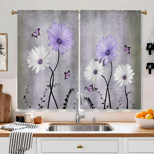 Cizuug Purple Daisy Rustic Farmhouse Kitchen Curtains Watercolor Floral Flower Small Short Cafe Window Curtains Butterfly Country Bathroom Drapes Treatment Tier Curtains 2 Panels