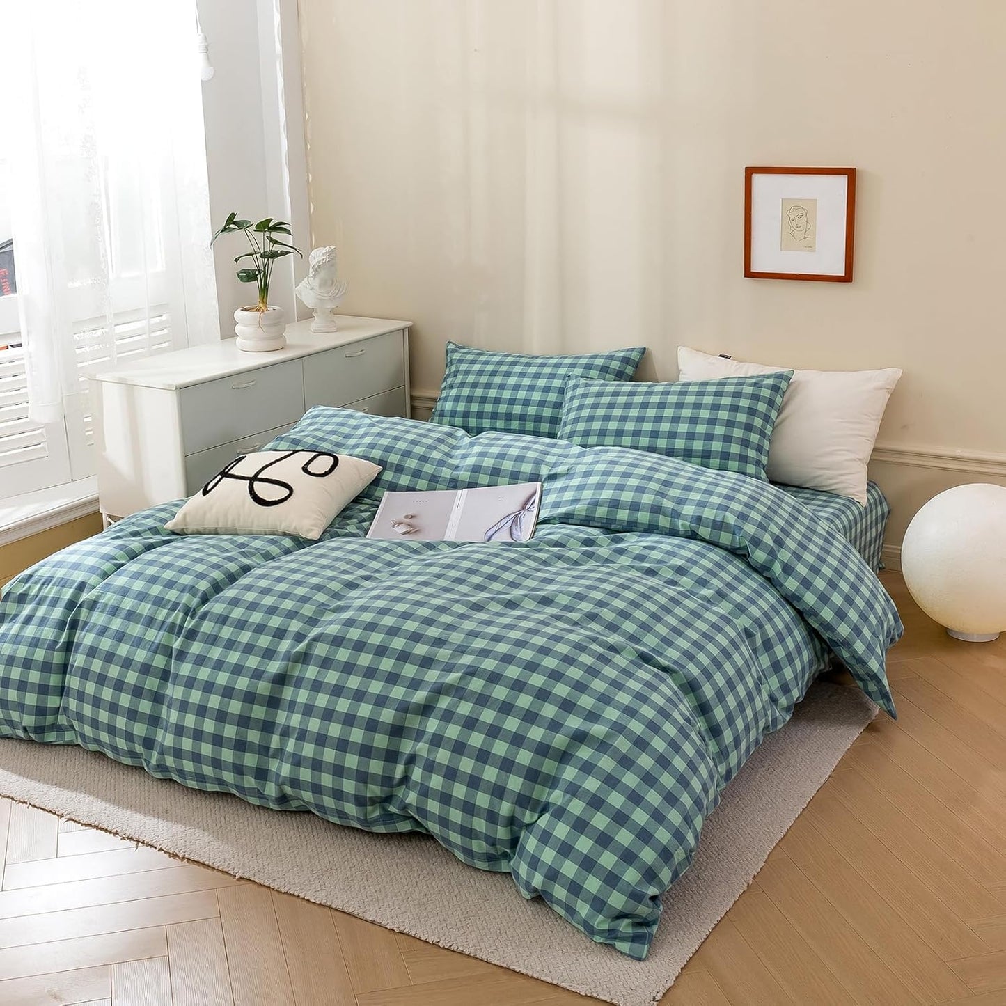 mixinni Green Gingham Grid Duvet Cover Queen, 100% Washed Cotton Modern Geometric Bedding Set with 2 Pillowcases, Farmhouse Style Blue Plaid Comforter Cover Set for Men & Women, Soft & Lightweight