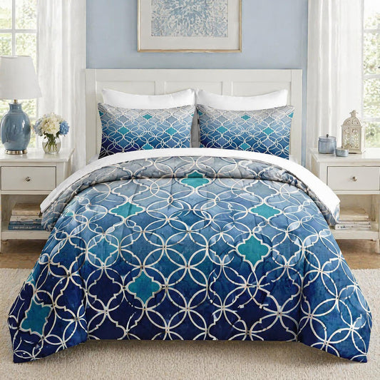Boewywh Comforter Set Twin Size Geometric Blue Moroccan 7 Pcs, Bedding for Kids and Adults, Modern Teal Bed Sheet Sets with Fitted Sheet 2 Pillowcases & 2 Shams for Bedroom Bed Decor