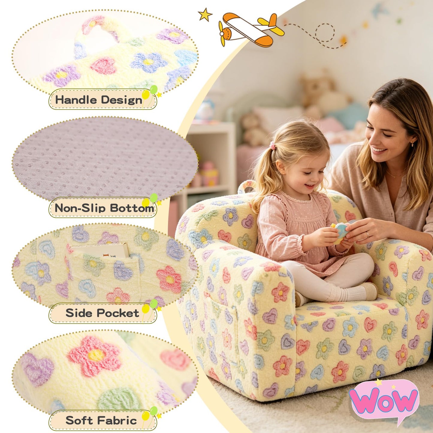 Tiita Kids Sofa, Childrens Couch with Carry Handle, Portable Toddler Foam Sofa Couch, Lightweight Kids Chair for Playroom, Dorm Room, Small Space, Flower