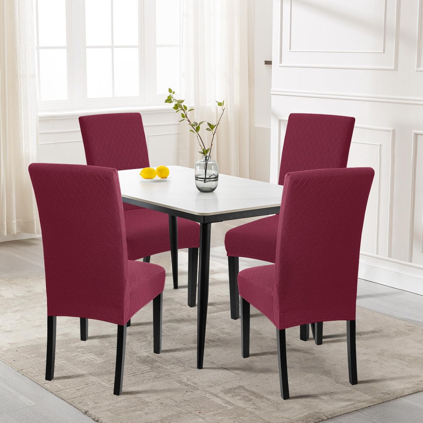 SearchI Dining Room Chair Covers Set of 4, Stretch Jacquard Parsons Chair Slipcovers Removable Washable Kitchen Chair Protector Cover for Dining Room, Hotel, Ceremony (Wine Red Rhombus)