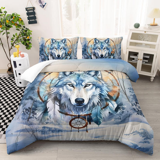 AILONEN Wolf Comforter Set Queen Size for Boys Girls Kids, Blue Watercolor Wolf Dreamcatcher Bedding with 2 Pillowcases, 3 Piece Soft Microfiber All Season