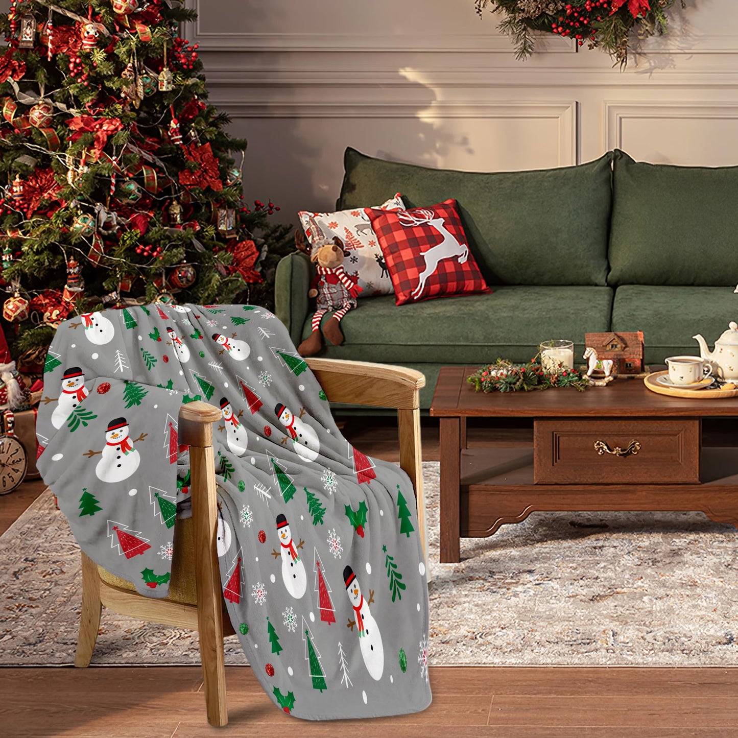 Christmas Snowman Throw Blanket Grey Christmas Fleece Blanket Soft, Plush, Warm Winter Cabin Throw, Christmas Throw for Sofa and Bed | Holiday Blankets and Throws 50X60 Inches