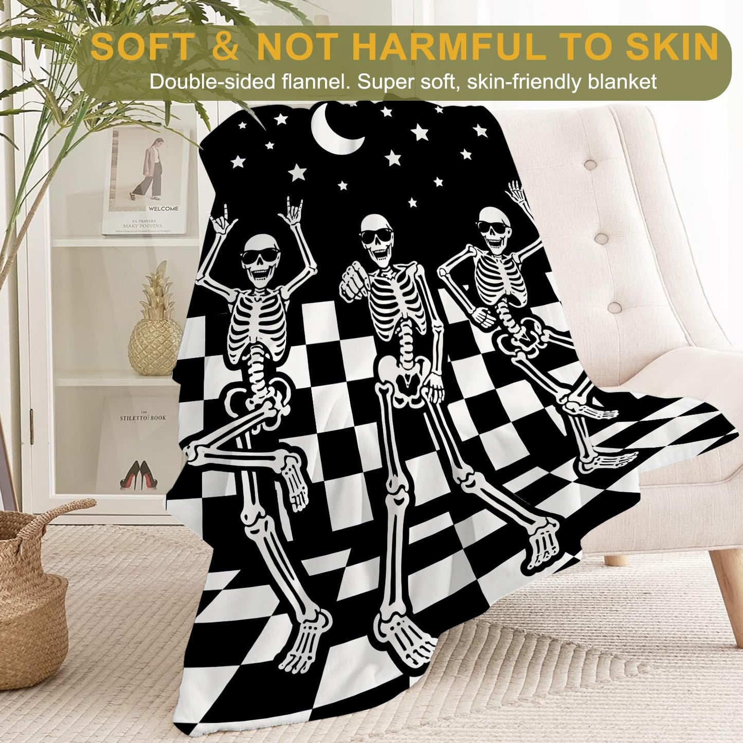 ainori Funny Skull Fleece Throw Blanket 50x60 Inch,Fun Dancing Skeleton Moon Star Checkerboard Decorative Throws,Soft Lightweight Blankets for Halloween Party Room Bedroom,Cozy Gifts for Teens Gamers