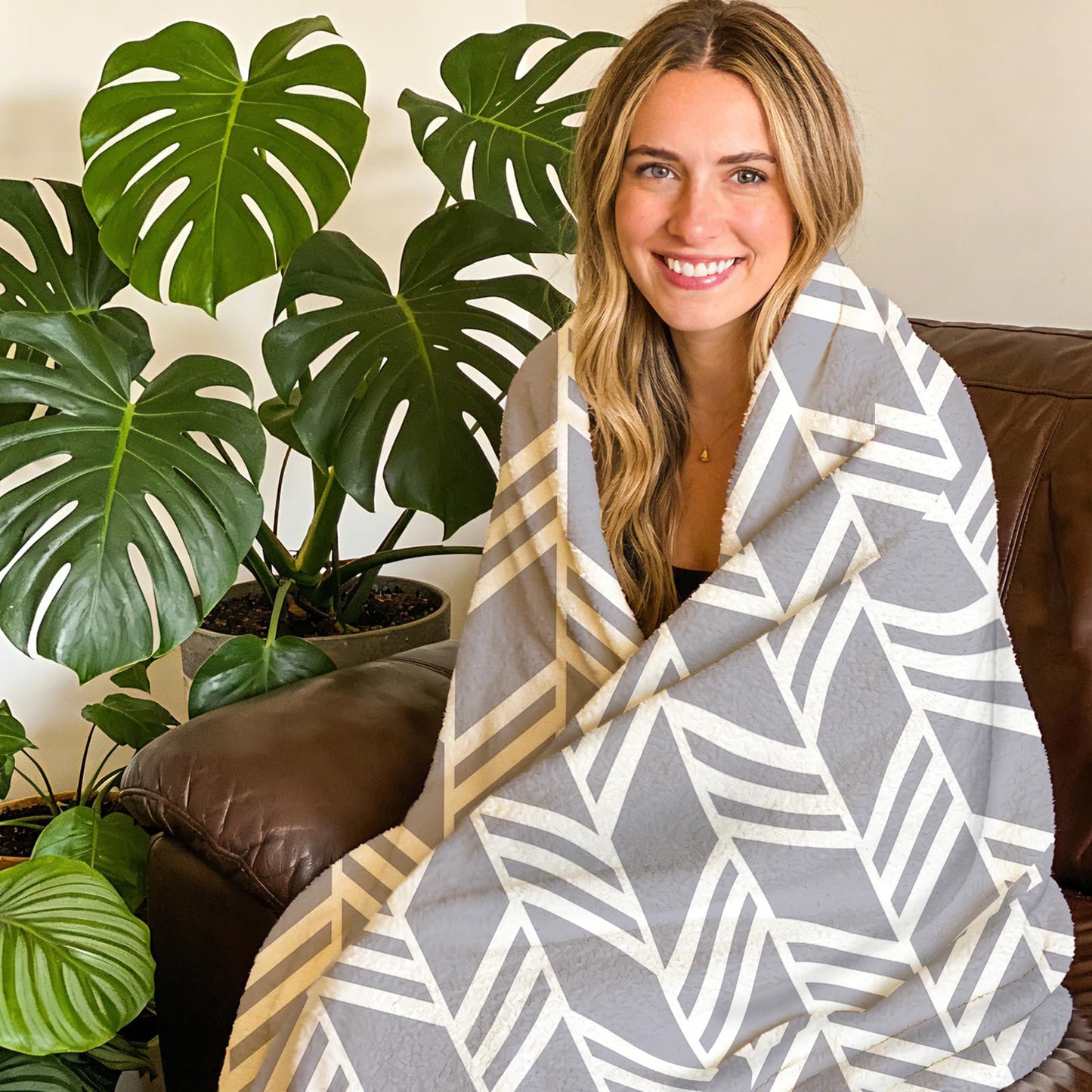 Paayna Grey White Geometric Flannel Throw Blanket, Herringbone Abstract Modern Art Gifts for Kids Men Women, Minimalist Contemporary Soft Blankets for Bedding Sofa 50" x 60"
